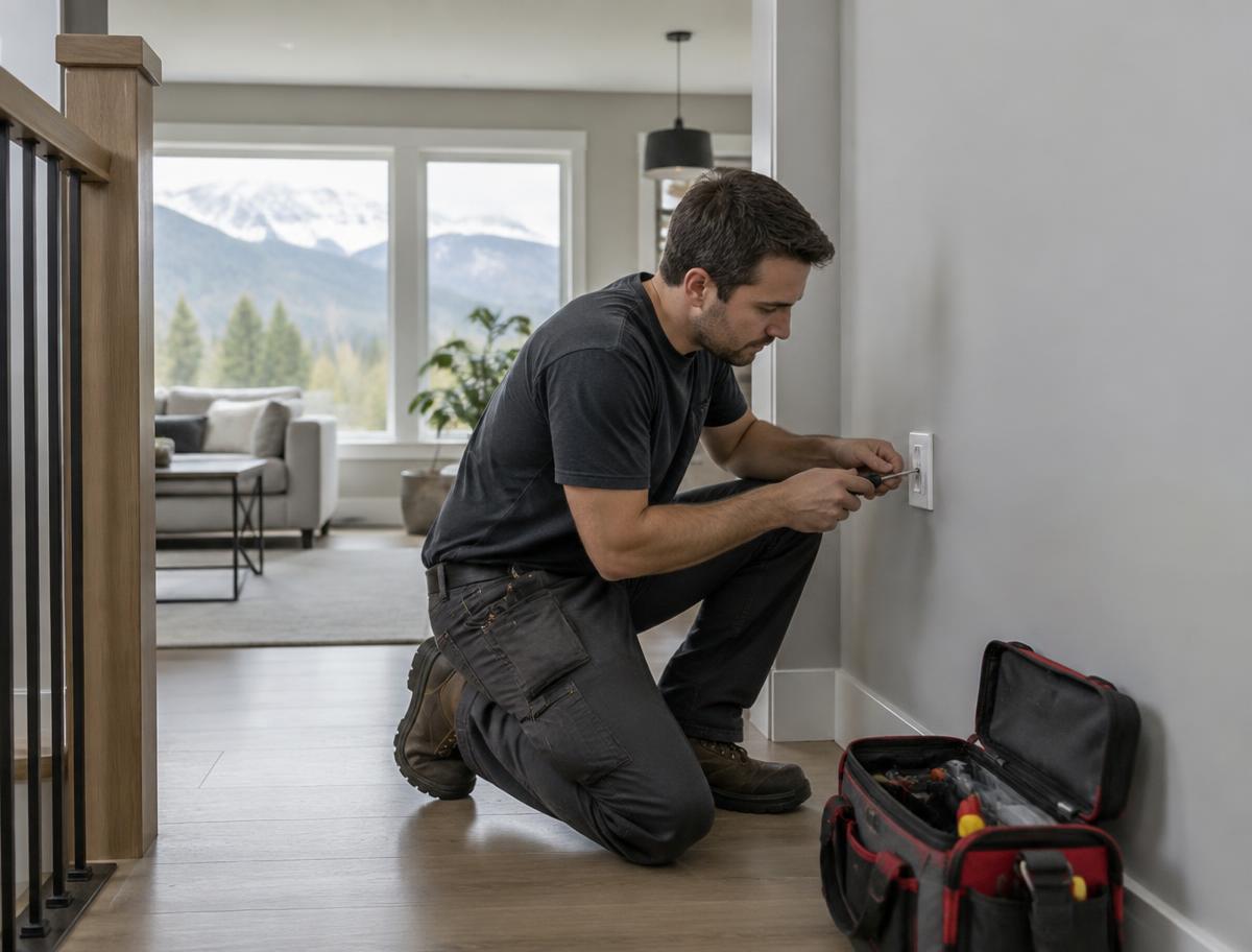 Home services technician repairing a wall fitting inside a house