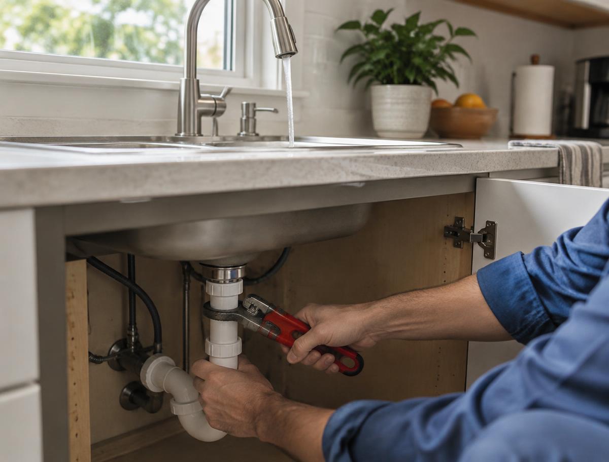 Repairing pipes under a kitchen sink with a wrench